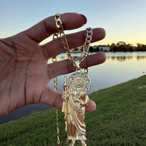 San Judas Tadeo 3" Big Pendant Necklace 14K GP Religious CZ Miami Cuban Chain - Picture 2 of 4